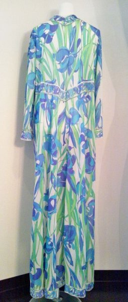 画像4: ♡Rental Dress EMILIO PUCCI FOR Formfit Rogers(エミリオプッチフォーフォームフィットロジャース)70'sヴィンテージブルー×グリーンアヤメ柄マキシガウンドレス (4)