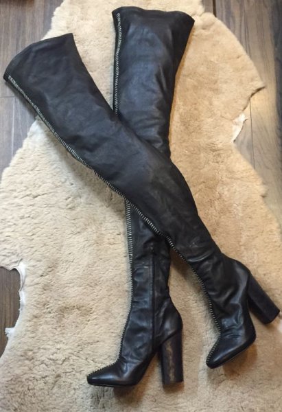 画像2: HAIDER ACKERMANN(ハイダーアッカーマン)ブラックレザーフロントステッチチャンキーヒールサイハイブーツ38 (2)