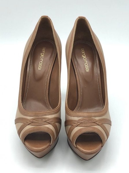 画像9: SERGIO ROSSI(セルジオロッシ)ベージュ×ライトブラウンプラットフォームピープトゥパンプス37 1/2 (9)
