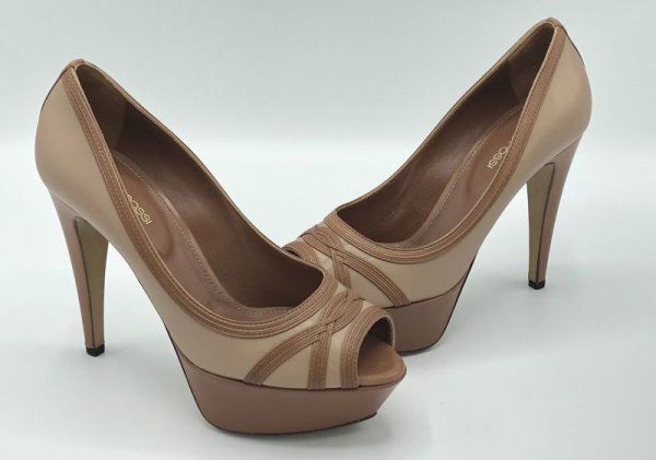 画像16: SERGIO ROSSI(セルジオロッシ)ベージュ×ライトブラウンプラットフォームピープトゥパンプス37 1/2 (16)