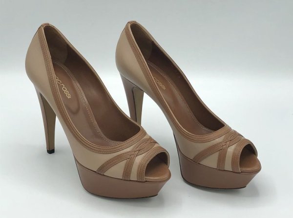 画像12: SERGIO ROSSI(セルジオロッシ)ベージュ×ライトブラウンプラットフォームピープトゥパンプス37 1/2 (12)