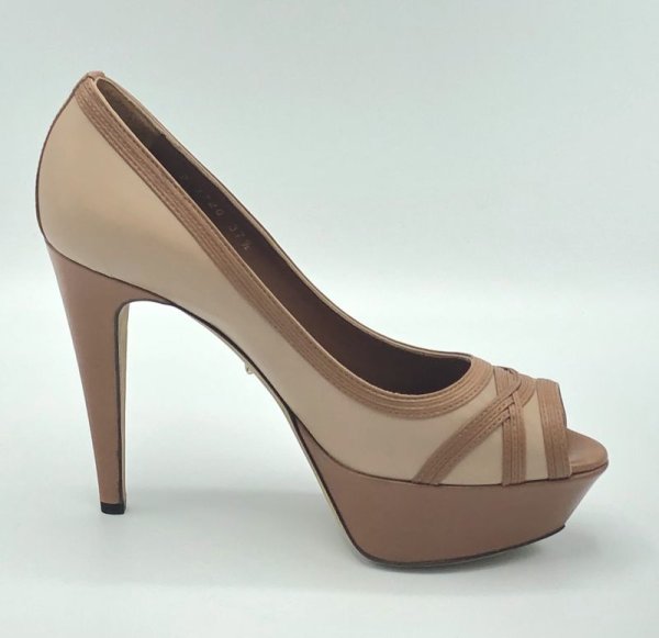 画像4: SERGIO ROSSI(セルジオロッシ)ベージュ×ライトブラウンプラットフォームピープトゥパンプス37 1/2 (4)