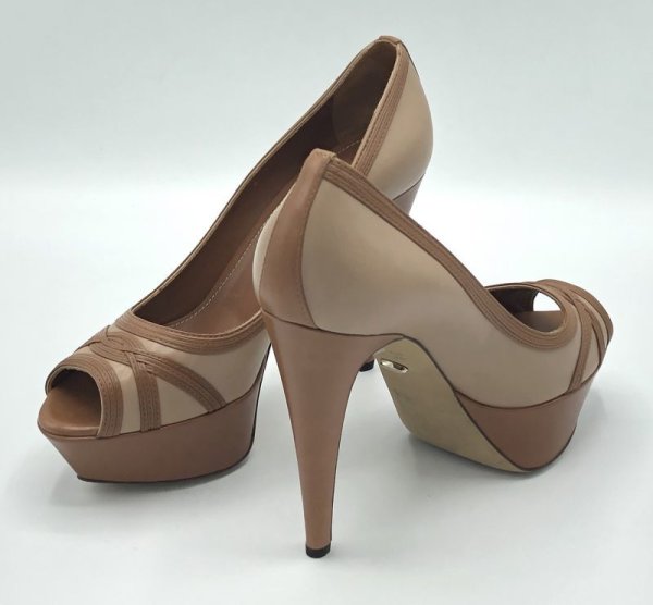 画像18: SERGIO ROSSI(セルジオロッシ)ベージュ×ライトブラウンプラットフォームピープトゥパンプス37 1/2 (18)