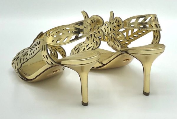 画像13: SERGIO ROSSI(セルジオロッシ)ゴールドパテントレザーフラワー＆リーフモチーフカッティングサンダルScarpe Donna Sandal37 (13)