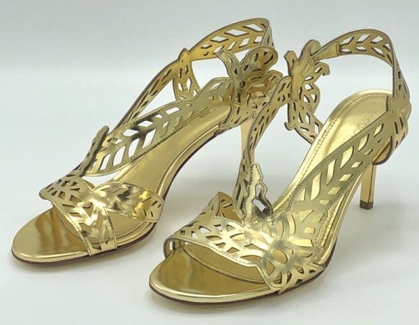 画像11: SERGIO ROSSI(セルジオロッシ)ゴールドパテントレザーフラワー＆リーフモチーフカッティングサンダルScarpe Donna Sandal37 (11)