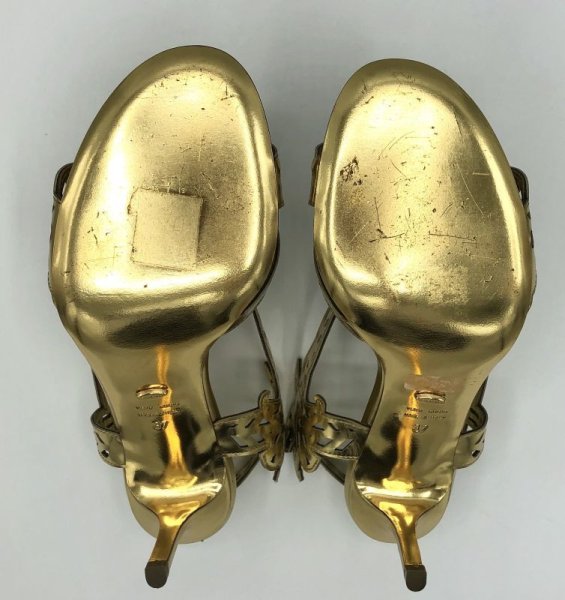 画像19: SERGIO ROSSI(セルジオロッシ)ゴールドパテントレザーフラワー＆リーフモチーフカッティングサンダルScarpe Donna Sandal37 (19)