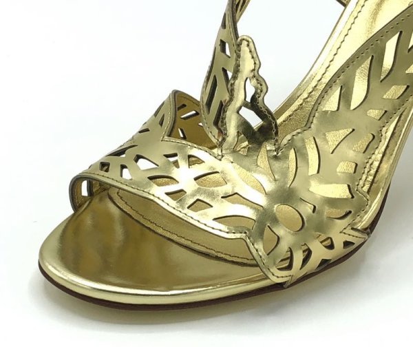 画像7: SERGIO ROSSI(セルジオロッシ)ゴールドパテントレザーフラワー＆リーフモチーフカッティングサンダルScarpe Donna Sandal37 (7)