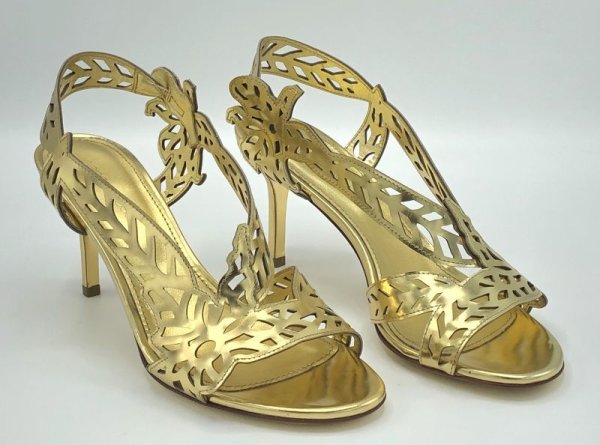 画像12: SERGIO ROSSI(セルジオロッシ)ゴールドパテントレザーフラワー＆リーフモチーフカッティングサンダルScarpe Donna Sandal37 (12)