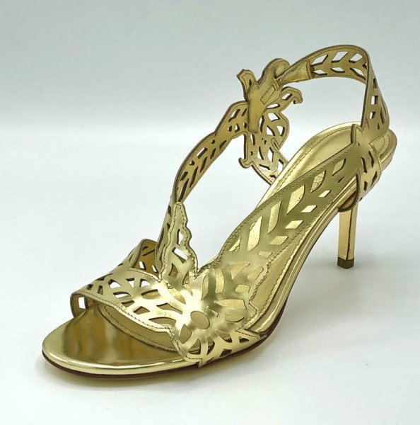 画像1: SERGIO ROSSI(セルジオロッシ)ゴールドパテントレザーフラワー＆リーフモチーフカッティングサンダルScarpe Donna Sandal37 (1)