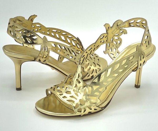 画像17: SERGIO ROSSI(セルジオロッシ)ゴールドパテントレザーフラワー＆リーフモチーフカッティングサンダルScarpe Donna Sandal37 (17)