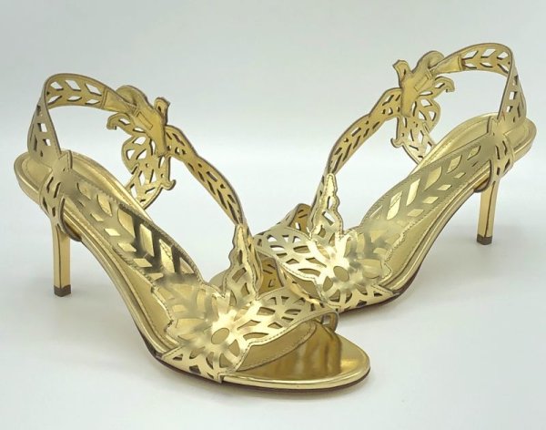 画像16: SERGIO ROSSI(セルジオロッシ)ゴールドパテントレザーフラワー＆リーフモチーフカッティングサンダルScarpe Donna Sandal37 (16)