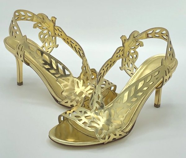 画像15: SERGIO ROSSI(セルジオロッシ)ゴールドパテントレザーフラワー＆リーフモチーフカッティングサンダルScarpe Donna Sandal37 (15)