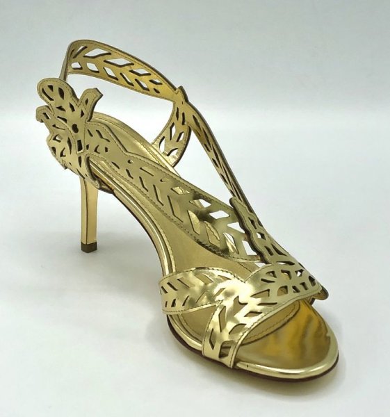 画像2: SERGIO ROSSI(セルジオロッシ)ゴールドパテントレザーフラワー＆リーフモチーフカッティングサンダルScarpe Donna Sandal37 (2)