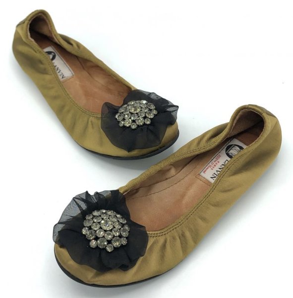 画像15: LANVIN(ランバン)ライトグリーンシルクサテンブラックシフォンビジューコサージュ付きバレエシューズ36 (15)