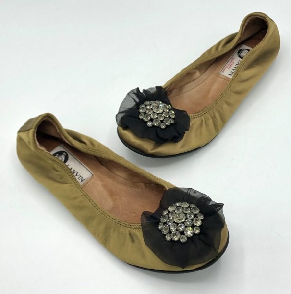 画像17: LANVIN(ランバン)ライトグリーンシルクサテンブラックシフォンビジューコサージュ付きバレエシューズ36 (17)