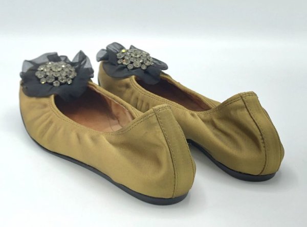画像13: LANVIN(ランバン)ライトグリーンシルクサテンブラックシフォンビジューコサージュ付きバレエシューズ36 (13)