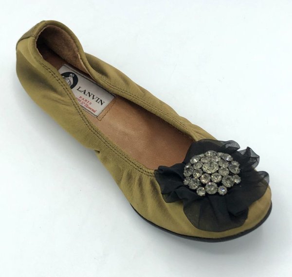 画像2: LANVIN(ランバン)ライトグリーンシルクサテンブラックシフォンビジューコサージュ付きバレエシューズ36 (2)