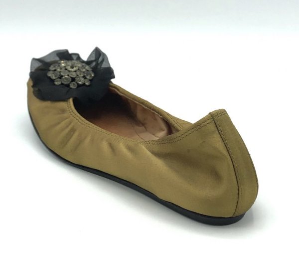 画像5: LANVIN(ランバン)ライトグリーンシルクサテンブラックシフォンビジューコサージュ付きバレエシューズ36 (5)
