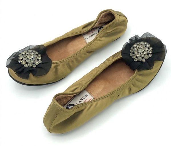 画像19: LANVIN(ランバン)ライトグリーンシルクサテンブラックシフォンビジューコサージュ付きバレエシューズ36 (19)