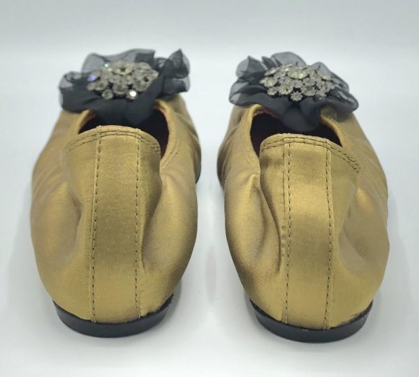 画像10: LANVIN(ランバン)ライトグリーンシルクサテンブラックシフォンビジューコサージュ付きバレエシューズ36 (10)