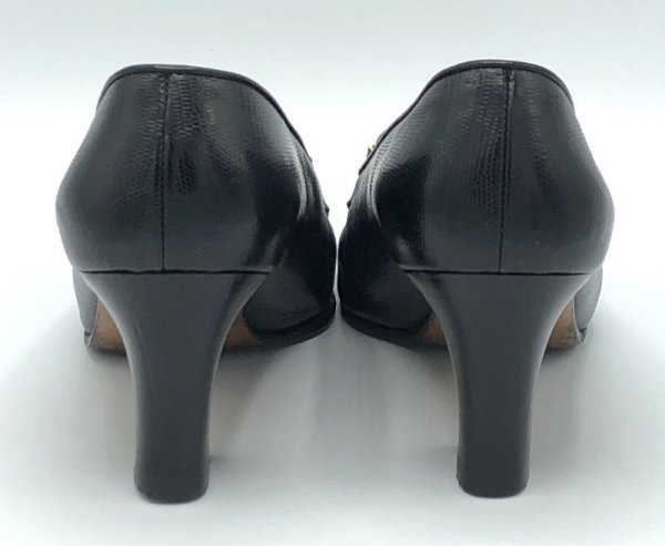 画像10: OLD FERRAGAMO(オールドフェラガモ)ブラック型押しレザー×ゴールドガンチーニ金具ヒールローファー 3 1/2D (10)