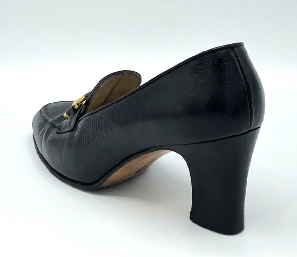 画像5: OLD FERRAGAMO(オールドフェラガモ)ブラック型押しレザー×ゴールドガンチーニ金具ヒールローファー 3 1/2D (5)