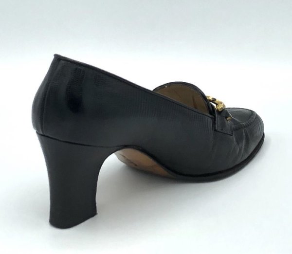 画像6: OLD FERRAGAMO(オールドフェラガモ)ブラック型押しレザー×ゴールドガンチーニ金具ヒールローファー 3 1/2D (6)