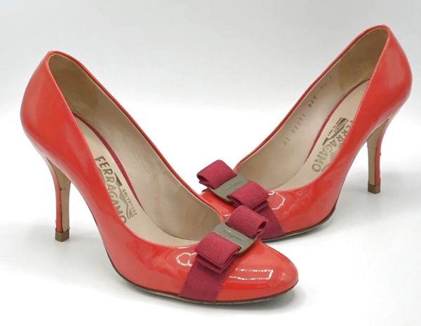 画像16: OLD FERRAGAMO(オールドフェラガモ/ヴィンテージ) ピンクパテントヴァラリボンスティレットヒールパンプス 7 1/2C (16)