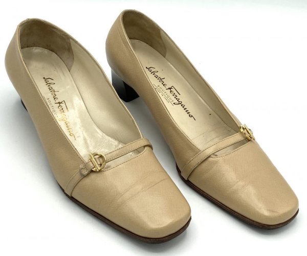 画像12: OLD FERRAGAMO(オールドフェラガモ/ヴィンテージ) ベージュレザーベルト付きパンプス 5 1/2D (12)