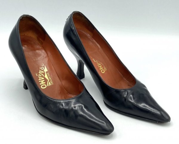 画像10: OLD FERRAGAMO(オールドフェラガモ) ブラックレザーパンプス 4C (10)