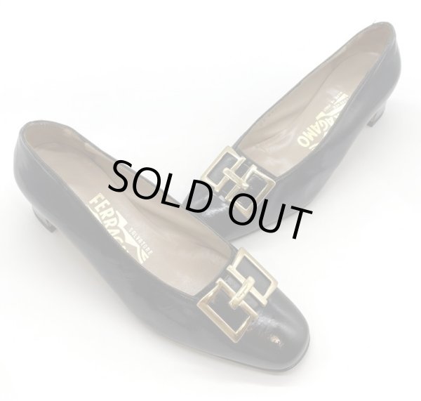 画像15: OLD FERRAGAMO(オールドフェラガモ/ヴィンテージ) ダークネイビーリカラーゴールド金具ローヒールパンプス  4 1/2D (15)