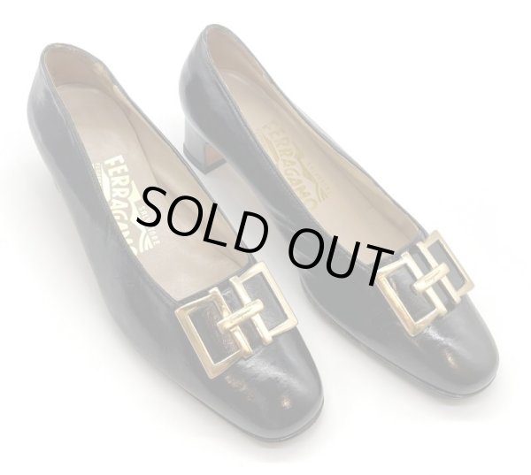 画像12: OLD FERRAGAMO(オールドフェラガモ/ヴィンテージ) ダークネイビーリカラーゴールド金具ローヒールパンプス  4 1/2D (12)