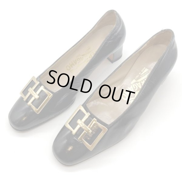 画像11: OLD FERRAGAMO(オールドフェラガモ/ヴィンテージ) ダークネイビーリカラーゴールド金具ローヒールパンプス  4 1/2D (11)