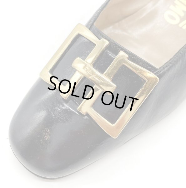 画像7: OLD FERRAGAMO(オールドフェラガモ/ヴィンテージ) ダークネイビーリカラーゴールド金具ローヒールパンプス  4 1/2D (7)