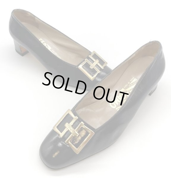 画像16: OLD FERRAGAMO(オールドフェラガモ/ヴィンテージ) ダークネイビーリカラーゴールド金具ローヒールパンプス  4 1/2D (16)