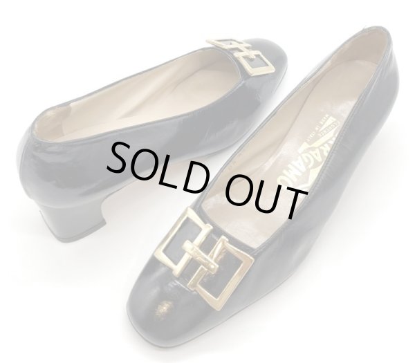 画像17: OLD FERRAGAMO(オールドフェラガモ/ヴィンテージ) ダークネイビーリカラーゴールド金具ローヒールパンプス  4 1/2D (17)