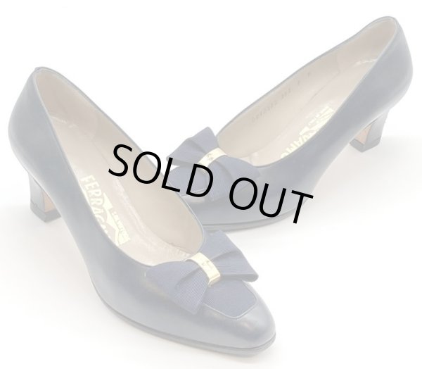 画像16: OLD FERRAGAMO(オールドフェラガモ/ヴィンテージ) ネイビーレザー×リボン付きパンプス  7B (16)