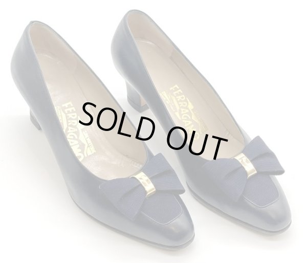 画像12: OLD FERRAGAMO(オールドフェラガモ/ヴィンテージ) ネイビーレザー×リボン付きパンプス  7B (12)