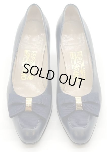 画像9: OLD FERRAGAMO(オールドフェラガモ/ヴィンテージ) ネイビーレザー×リボン付きパンプス  7B (9)