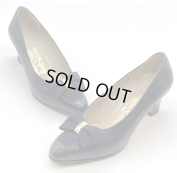 画像15: OLD FERRAGAMO(オールドフェラガモ/ヴィンテージ) ネイビーレザー×リボン付きパンプス  7B (15)