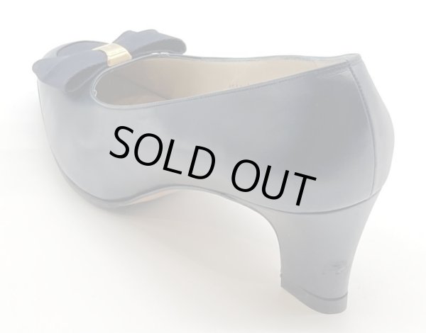 画像5: OLD FERRAGAMO(オールドフェラガモ/ヴィンテージ) ネイビーレザー×リボン付きパンプス  7B (5)