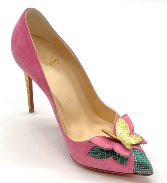 画像2: Christian Louboutin(クリスチャンルブタン) ピンクスエード×バタフライモチーフ付きパンプス 35 1/2  (2)