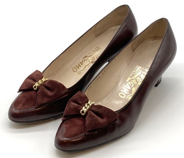画像11: OLD FERRAGAMO(オールドフェラガモ) ボルドーブラウンリボン付きパンプス 8C (11)