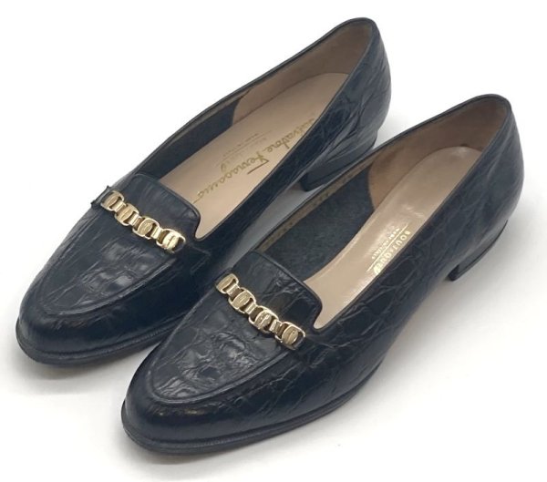 画像11: OLD FERRAGAMO(オールドフェラガモ)ブラック型押しレザーヴァラ金具付きスリッポンローファー 6 1/2C (11)