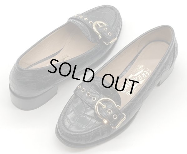 画像15: OLD FERRAGAMO(オールドフェラガモ)ブラック型押しレザー×ゴールドガンチーニ金具ローファー 4 1/2M (15)