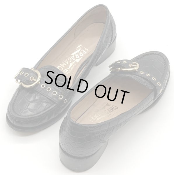 画像16: OLD FERRAGAMO(オールドフェラガモ)ブラック型押しレザー×ゴールドガンチーニ金具ローファー 4 1/2M (16)