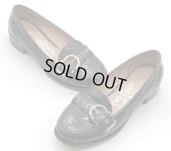 画像13: OLD FERRAGAMO(オールドフェラガモ)ブラック型押しレザー×ゴールドガンチーニ金具ローファー 4 1/2M (13)