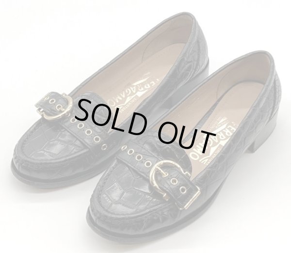 画像9: OLD FERRAGAMO(オールドフェラガモ)ブラック型押しレザー×ゴールドガンチーニ金具ローファー 4 1/2M (9)