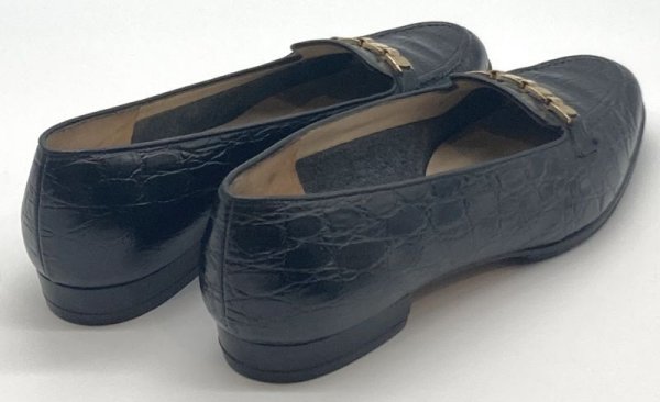 画像14: OLD FERRAGAMO(オールドフェラガモ)ブラック型押しレザーヴァラ金具付きスリッポンローファー 6 1/2C (14)