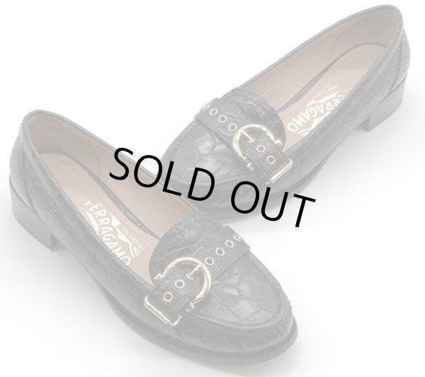 画像14: OLD FERRAGAMO(オールドフェラガモ)ブラック型押しレザー×ゴールドガンチーニ金具ローファー 4 1/2M (14)